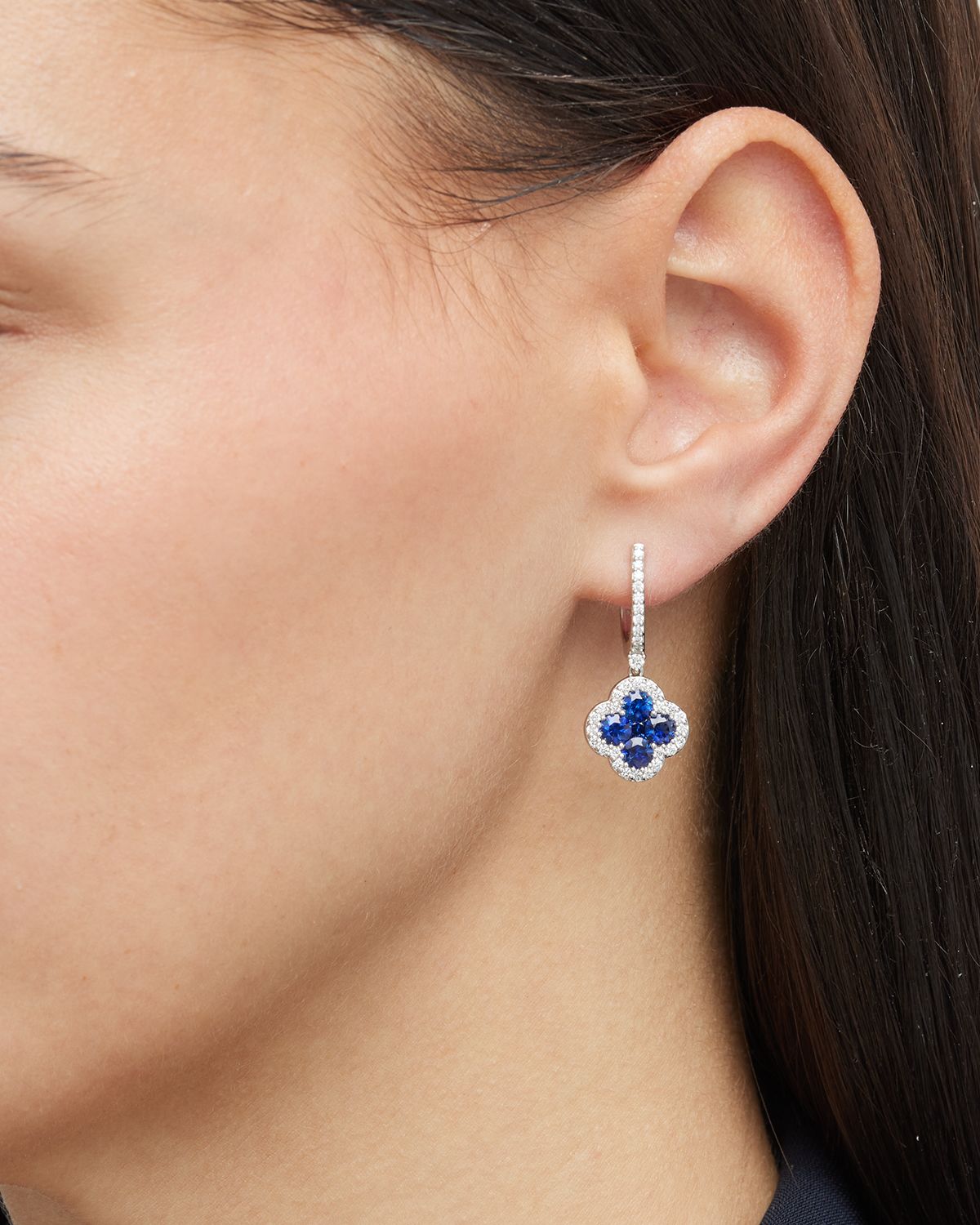 Neiman Marcus Diamonds 18K Sapphire and Diamond Flower Hoop Drop Earrings, 3.23tcw, 1.25"L / 0.50"W