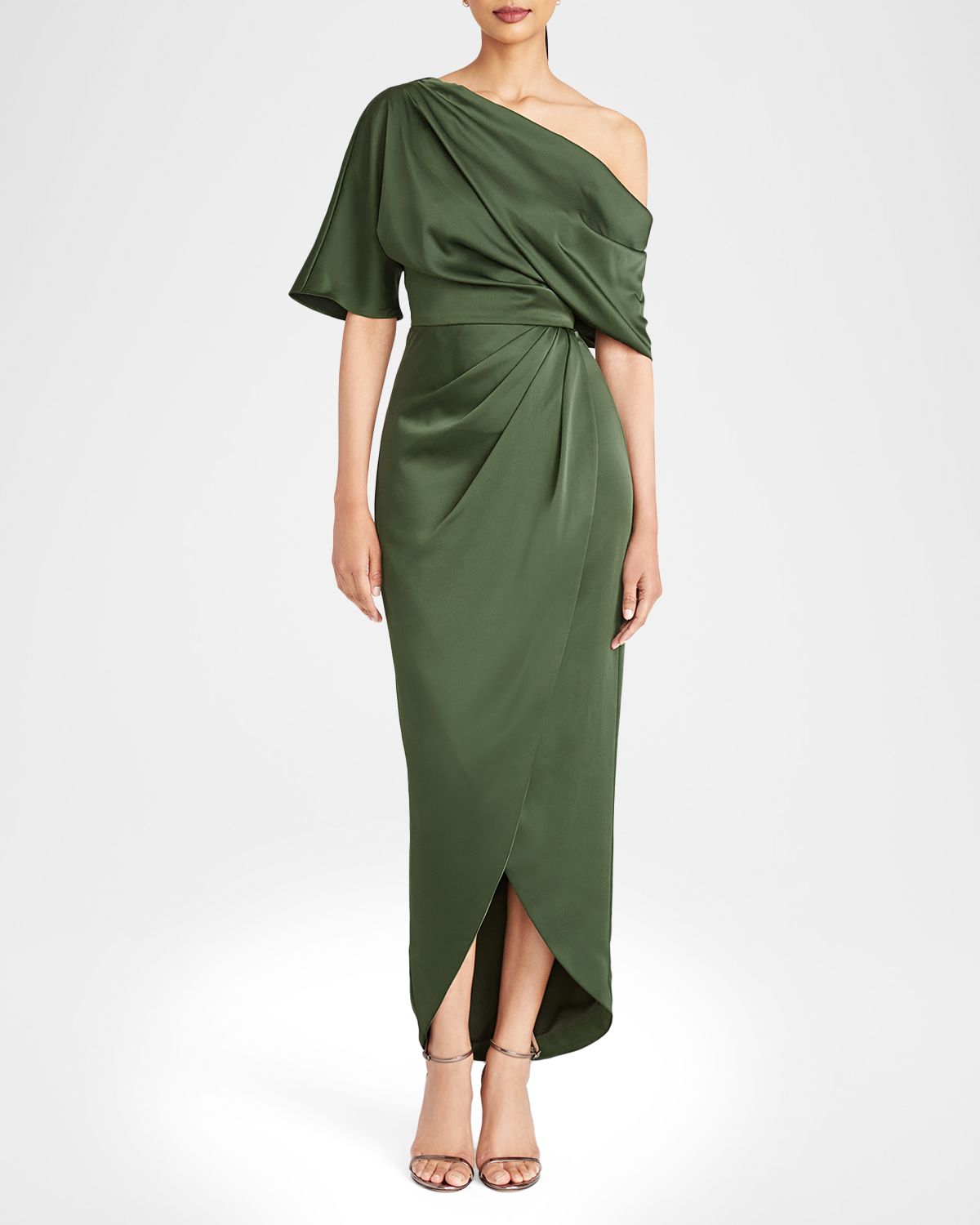 Theia Rayna Draped One-Shoulder High-Low Gown