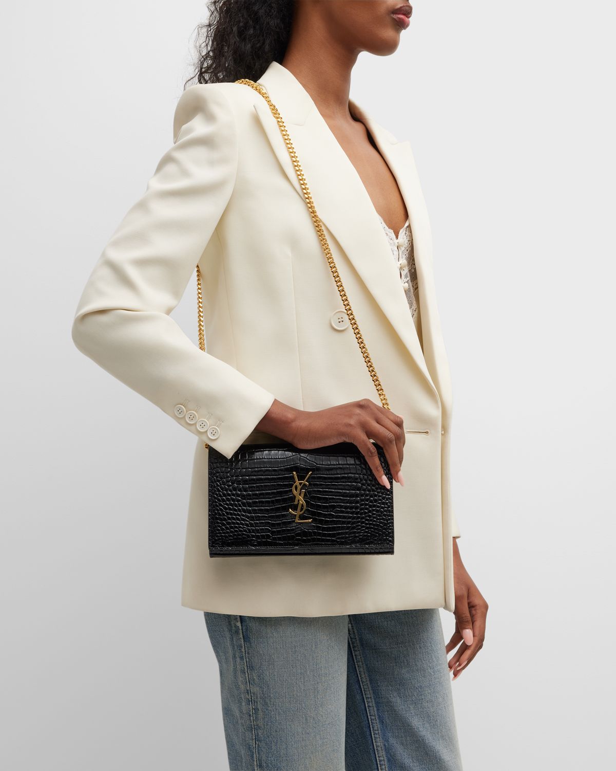 Saint Laurent Cassandra YSL Wallet on Chain in Croc Embossed Leather