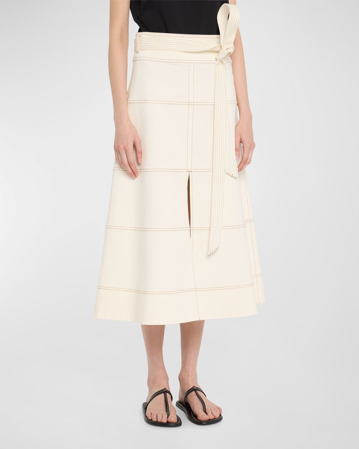 Tanya Taylor Hudson High-Waist Belted Denim Midi Skirt