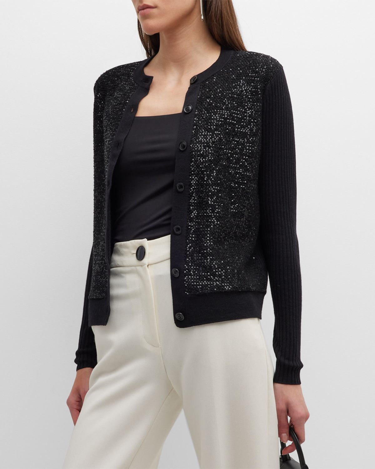 St. John Sequin-Front Wide Rib Knit Cardigan