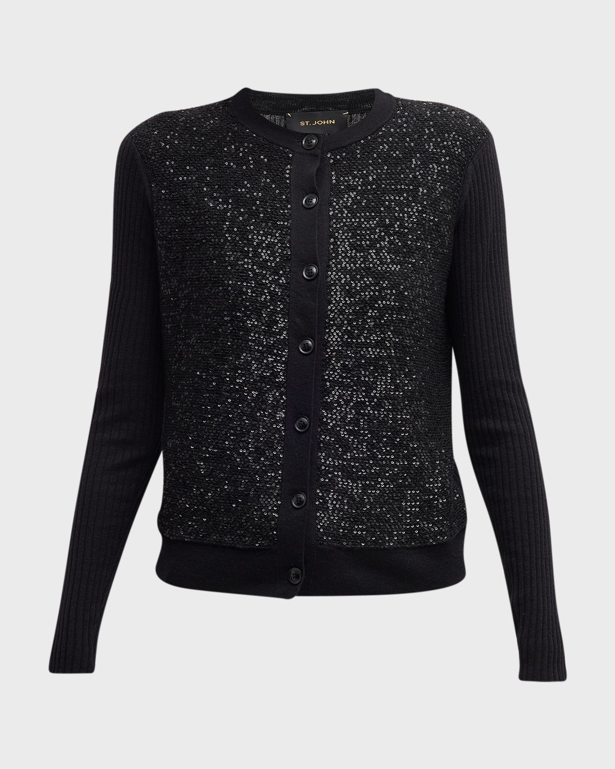 St. John Sequin-Front Wide Rib Knit Cardigan