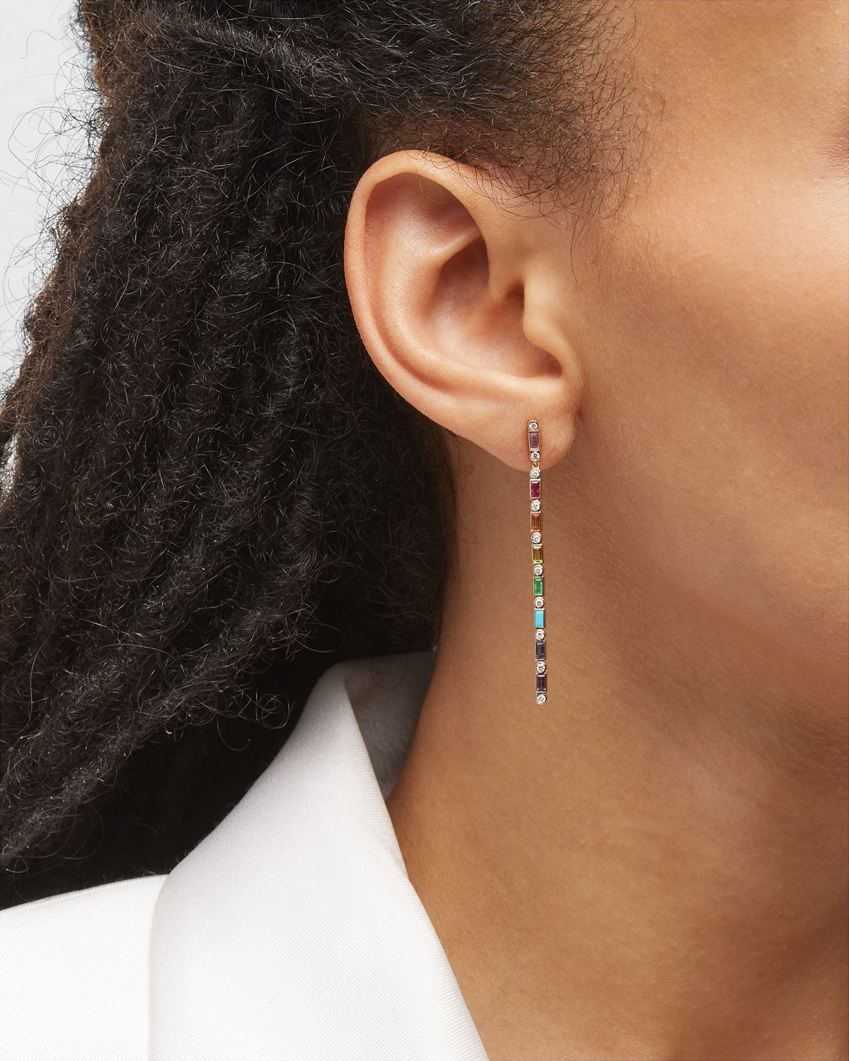 Sydney Evan 14K Rainbow Baguette and Round Diamond Bezel Drop Earrings