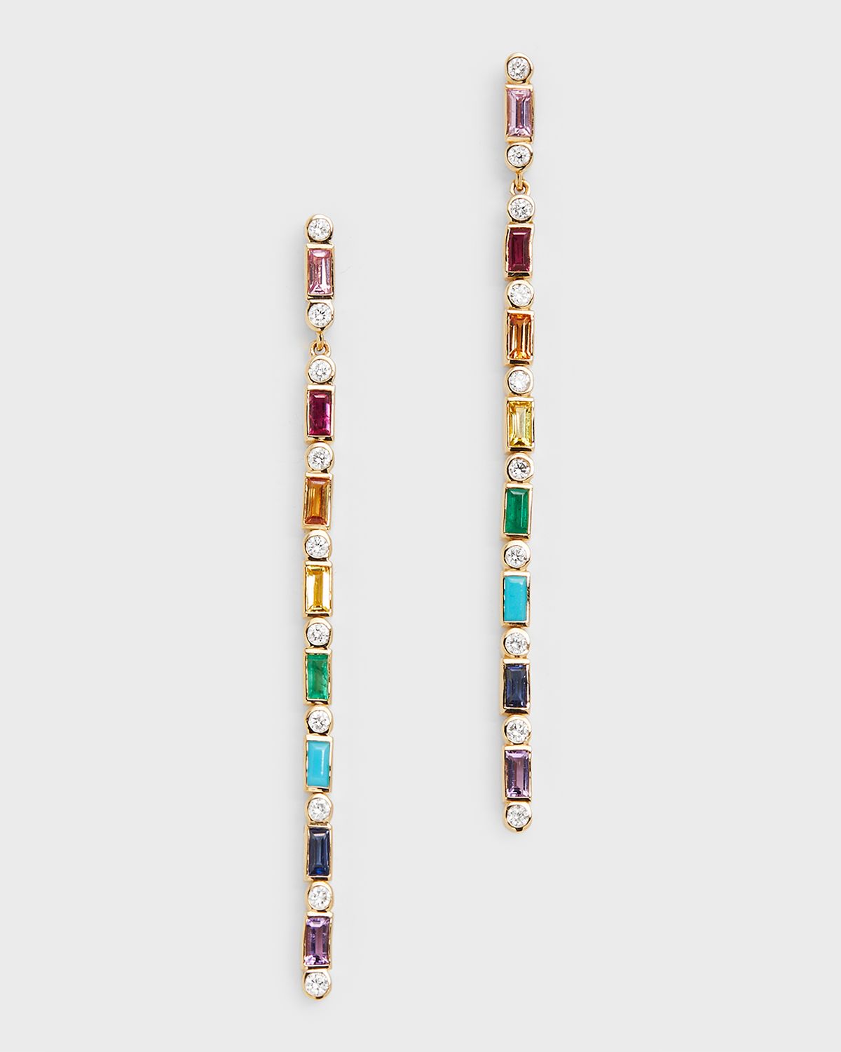 Sydney Evan 14K Rainbow Baguette and Round Diamond Bezel Drop Earrings