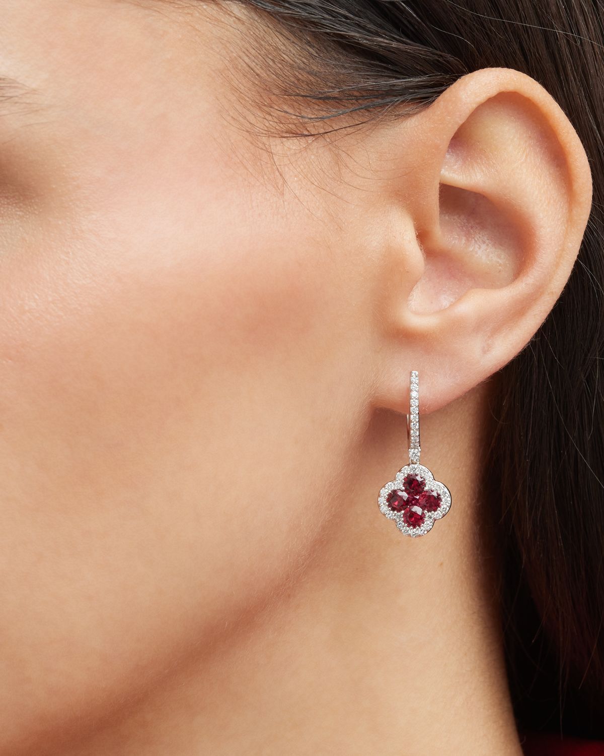 Neiman Marcus Diamonds 18K Ruby and Diamond Flower Hoop Drop Earrings, 0.83tcw, 1.25" / 0.50"W