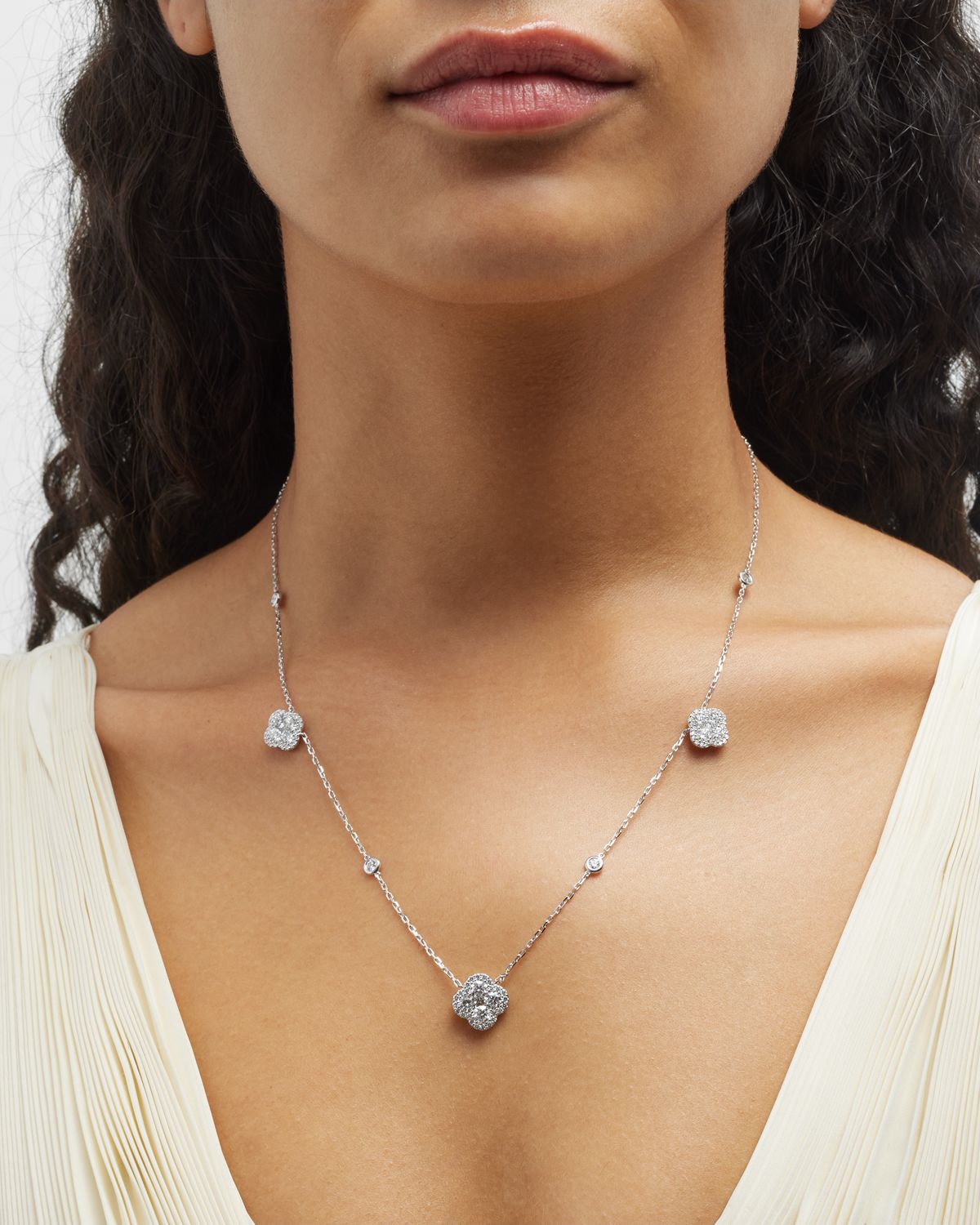 Neiman Marcus Diamonds 18K White Gold Diamond Flower Station Necklace, 18"L, 3.00tcw