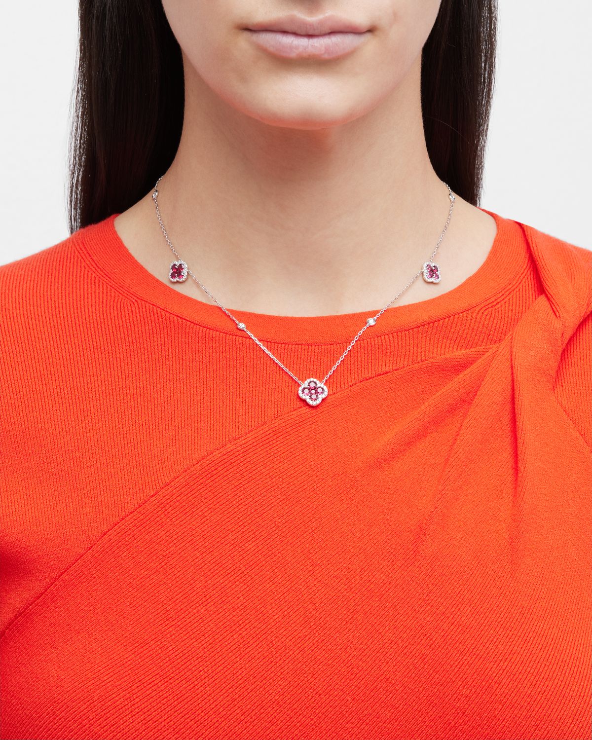 Neiman Marcus Diamonds 18K White Gold Ruby Flower and Diamond Station Necklace, 18"L, 2.55tcw