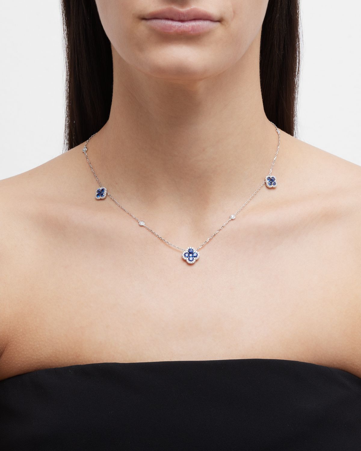 Neiman Marcus Diamonds 18K White Gold Blue Sapphire Flower and Diamond Station Necklace, 18"L, 3.38tcw