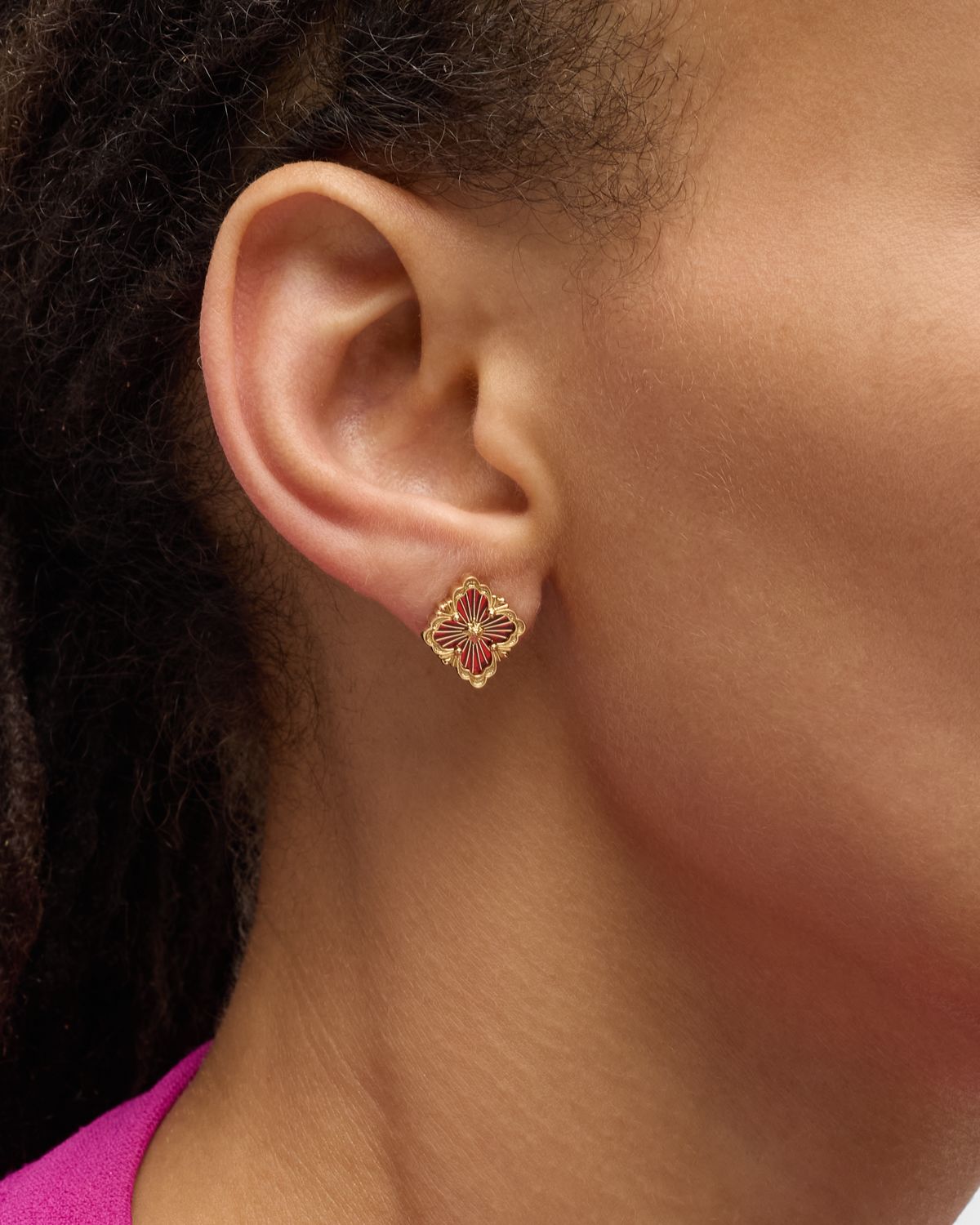 Buccellati Opera Tulle 18K Gold Red Enamel Button Earrings