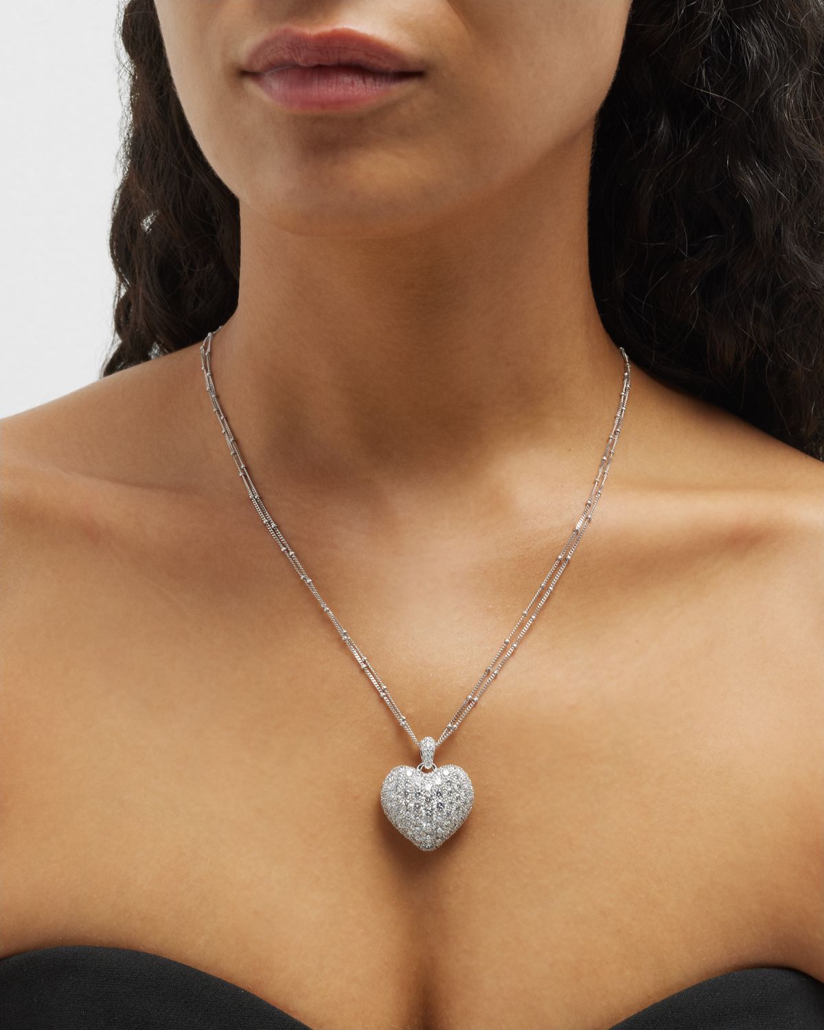 Neiman Marcus Diamonds 18k White Gold Double-Chain Heart Pendant Necklace, 24"L, 7.41tcw