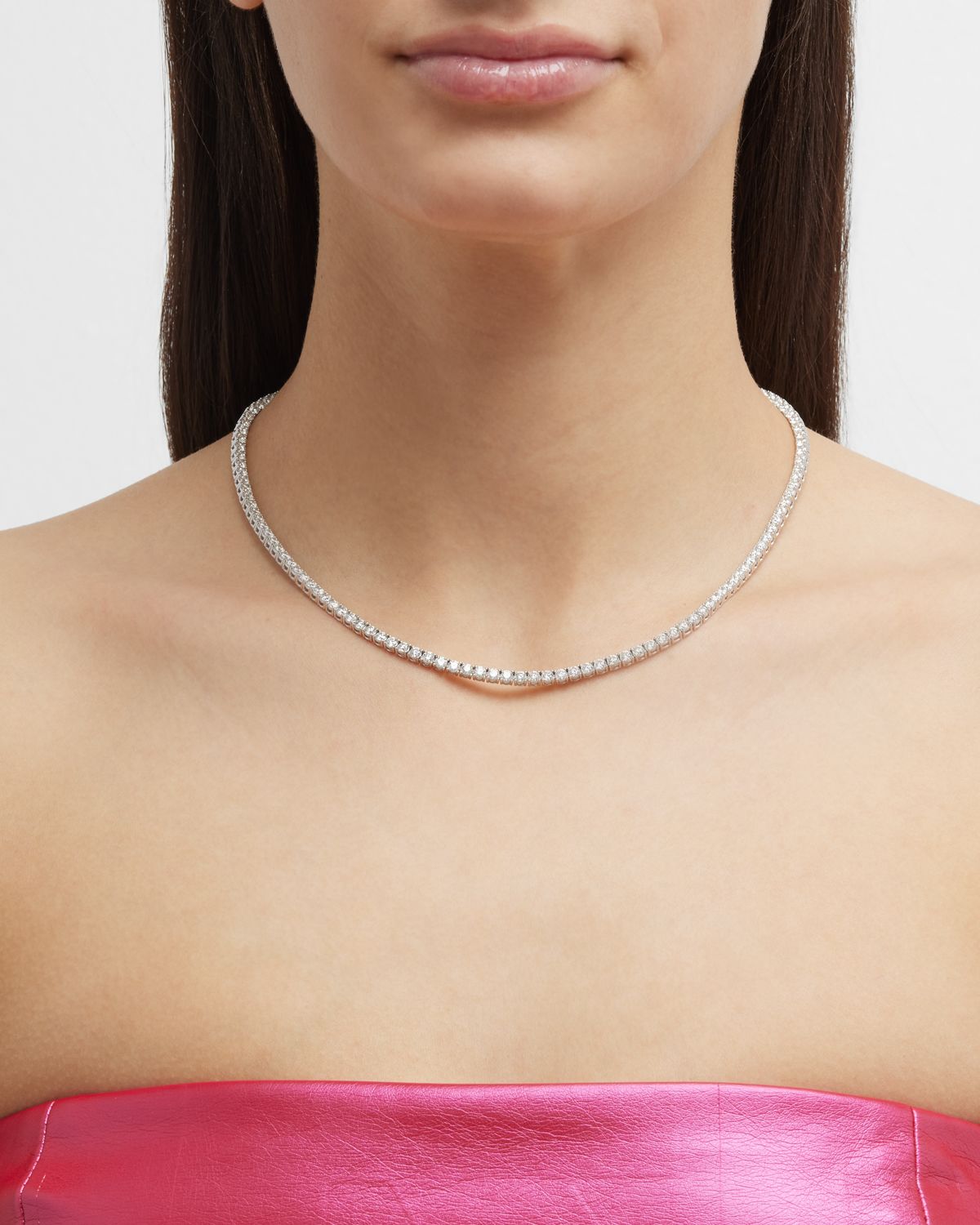 Neiman Marcus Diamonds 18K White Gold Diamond Tennis Necklace, 17"L, 14.18tcw
