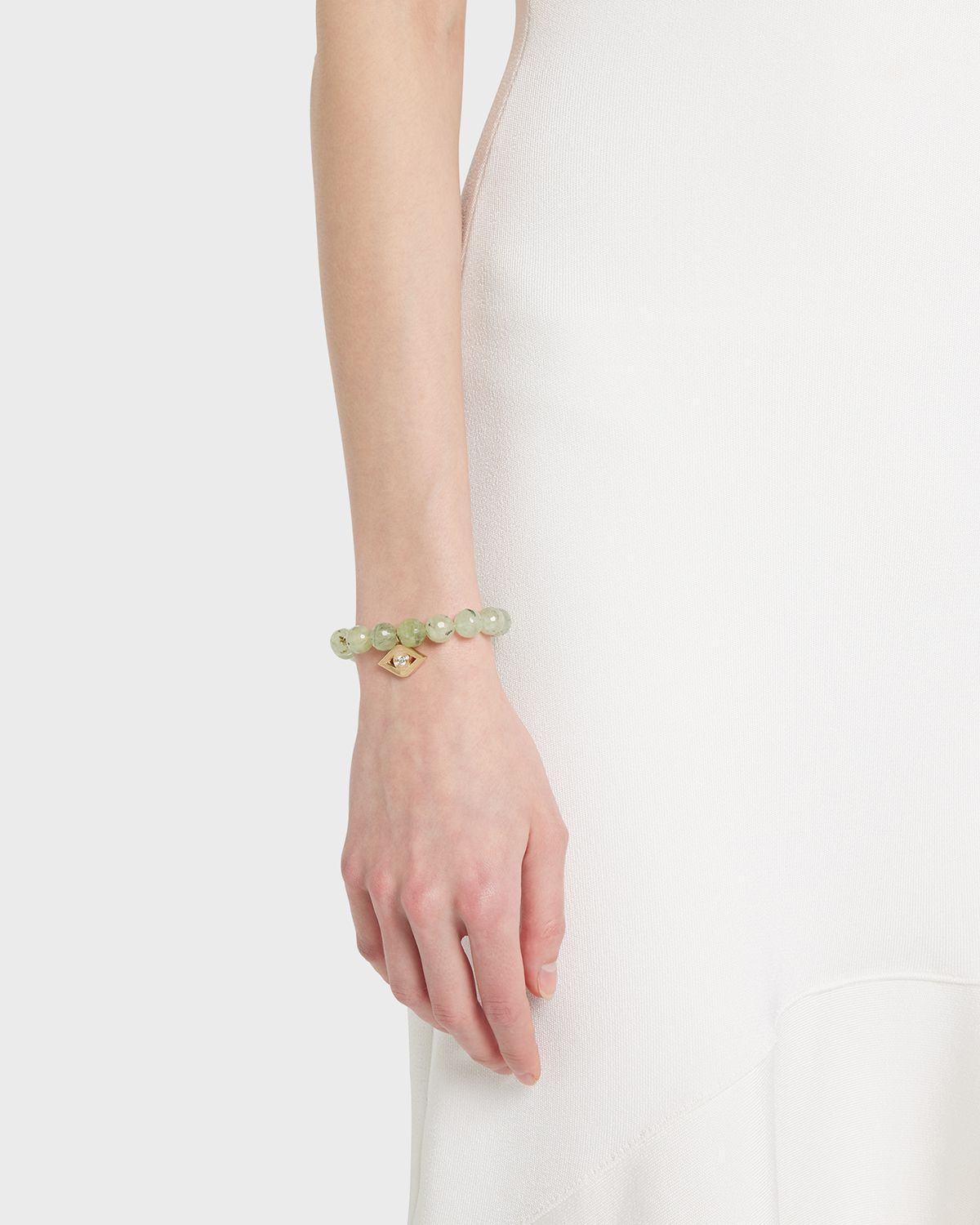 Sydney Evan 14k Gold Prehnite Beaded Bracelet with Diamond Evil Eye Charm