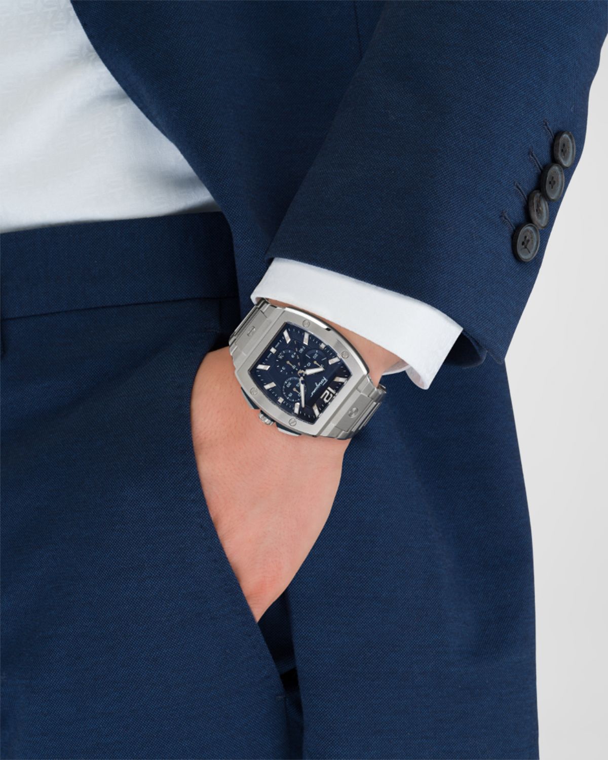 Ferragamo F-80 Tonneau Chrono Stainless Steel Bracelet Watch