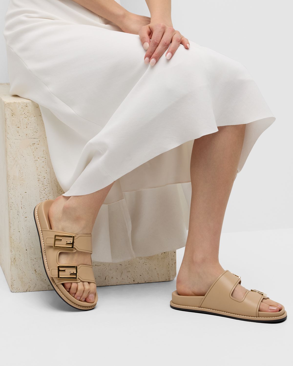 Fendi F Buckle Leather Slide Sandals