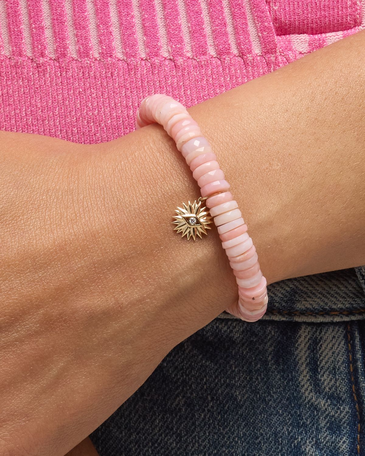 Sydney Evan 14k Pink Opal Wheel Bracelet with Diamond Evil Eye Charm
