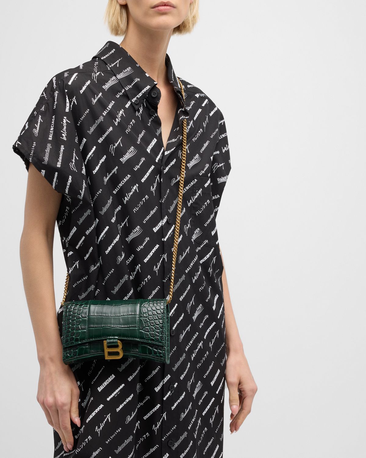 Balenciaga Hourglass Croc-Embossed Wallet on Chain