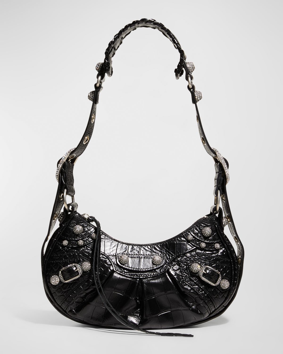 Balenciaga Le Cagole XS Croc-Embossed Shoulder Bag with Rhinestones