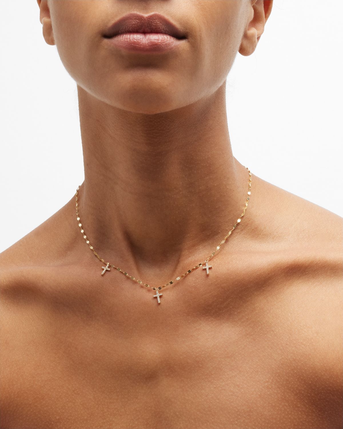 LANA 14K Yellow Gold Flawless Triple Mini Cross Charm Necklace