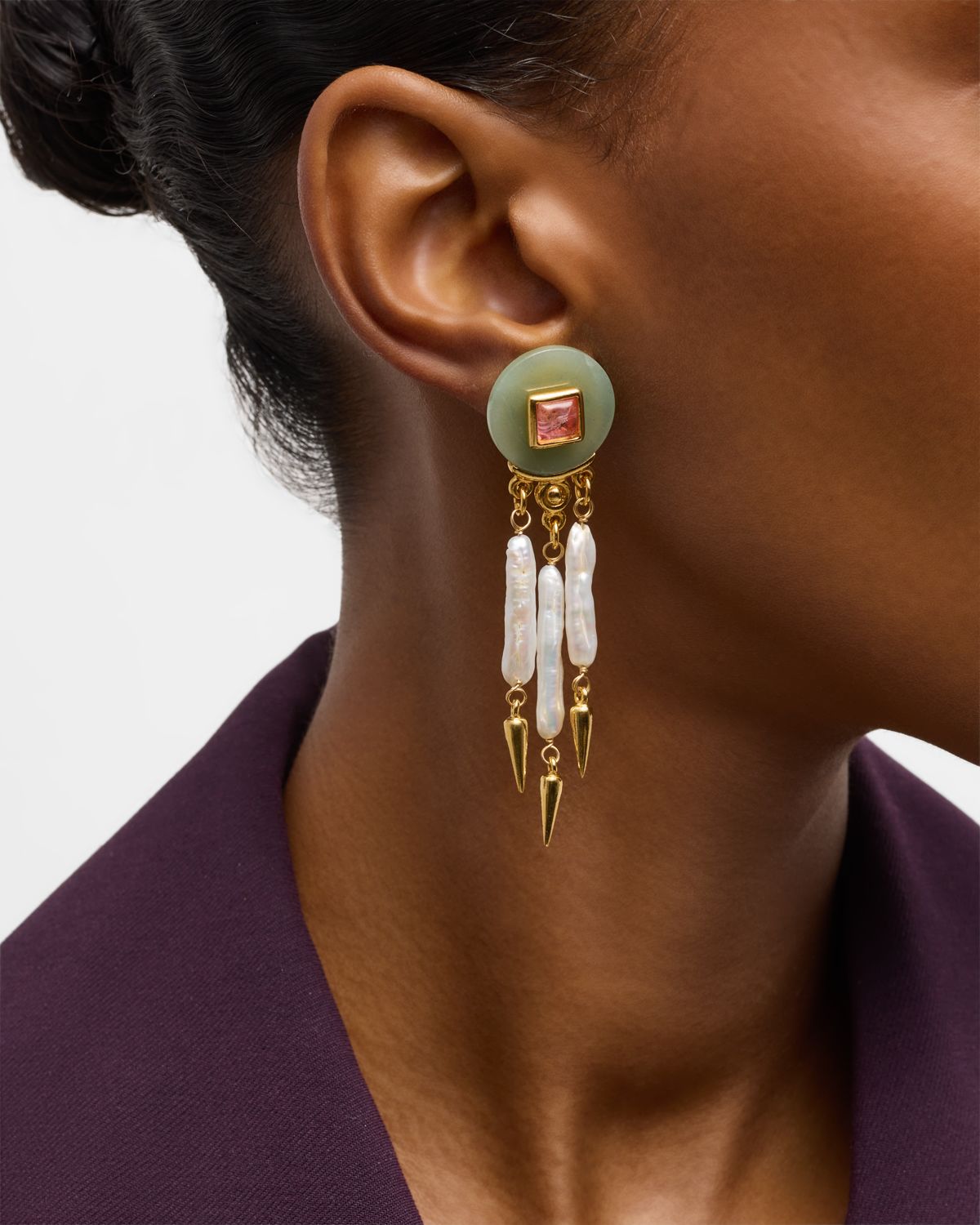 Ben-Amun Madre Pearl, Aventurine and Rose Crystal Clip Earrings