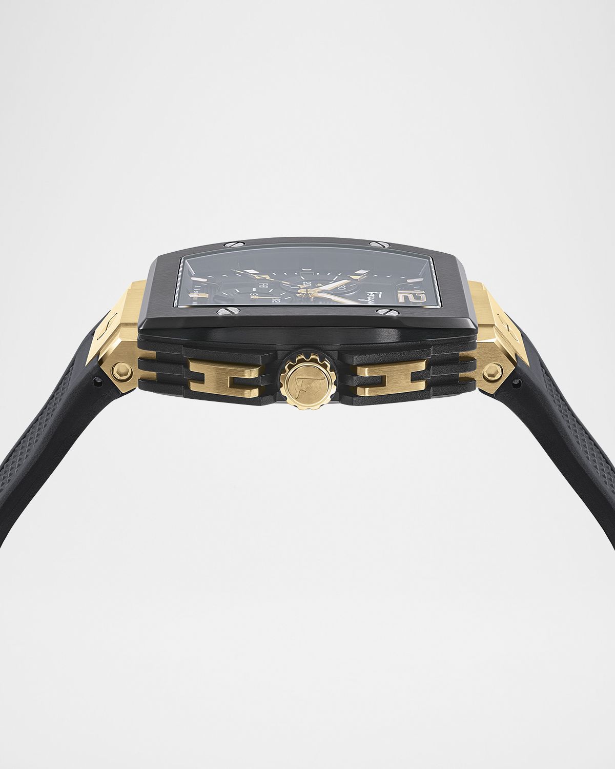 Ferragamo Men 's F-80 Tonneau IP Yellow Gold Silicone Strap Chronograph Watch