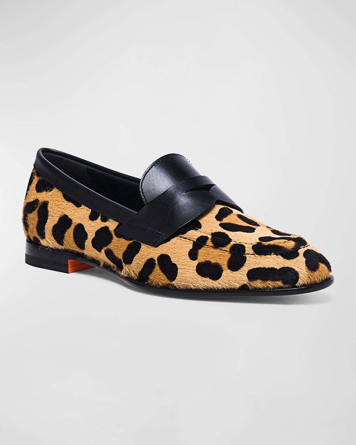 Santoni Facile Leather Leopard Penny Loafers