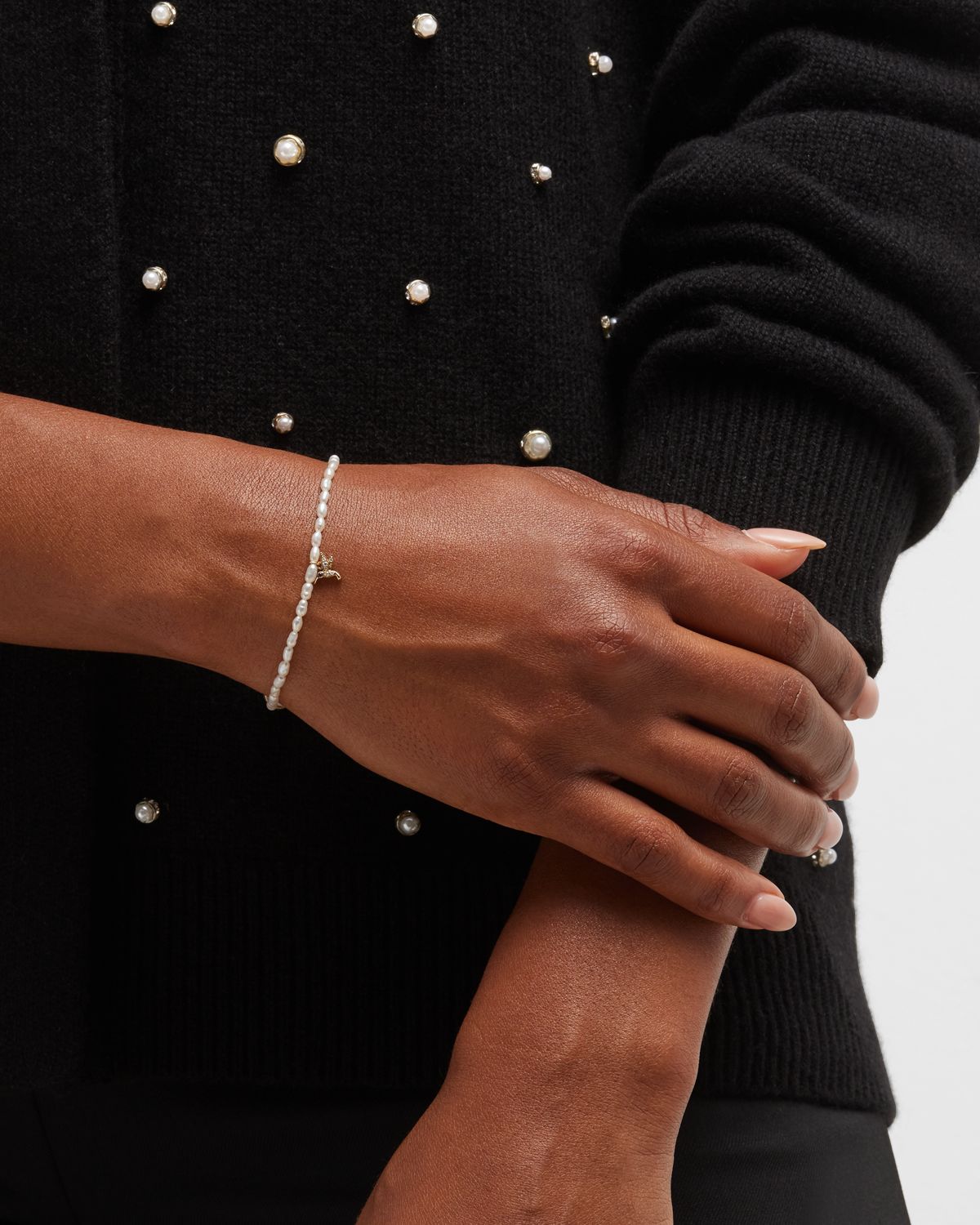 Sydney Evan 14K Tiny Hummingbird Charm on White Rice Pearl Bracelet