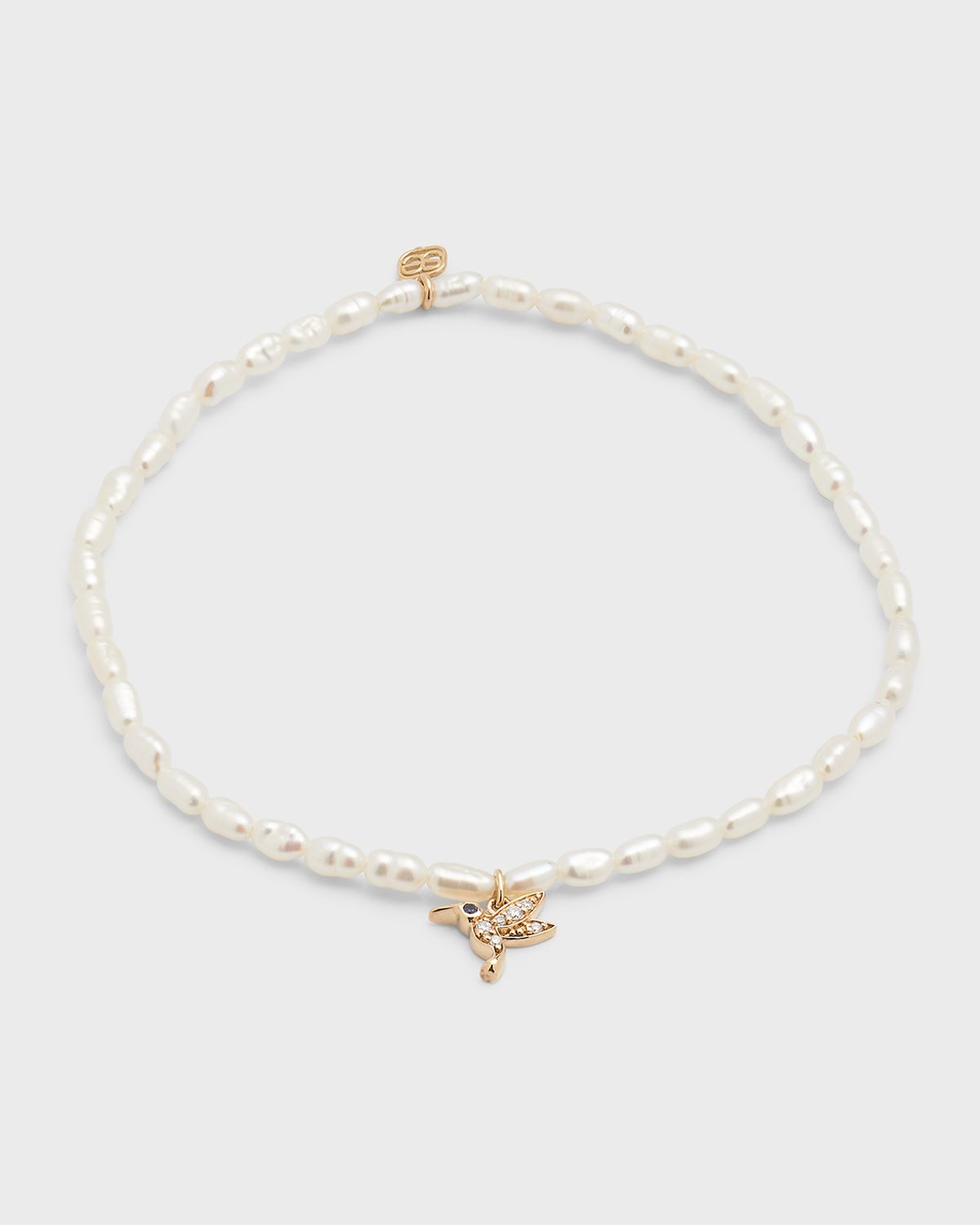 Sydney Evan 14K Tiny Hummingbird Charm on White Rice Pearl Bracelet