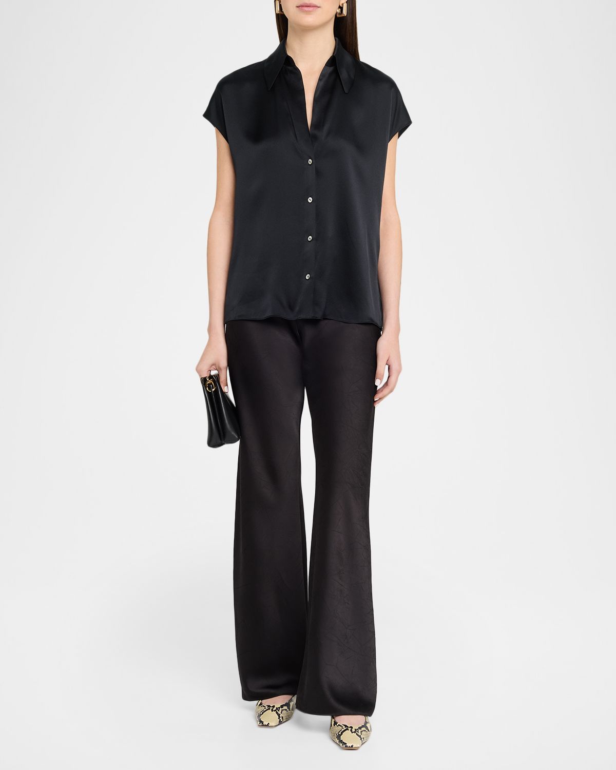 Vince Cap-Sleeve Ruched-Back Silk Blouse