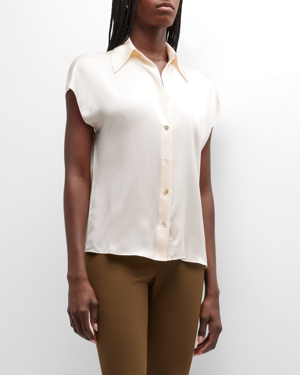 Vince Cap-Sleeve Ruched-Back Silk Blouse