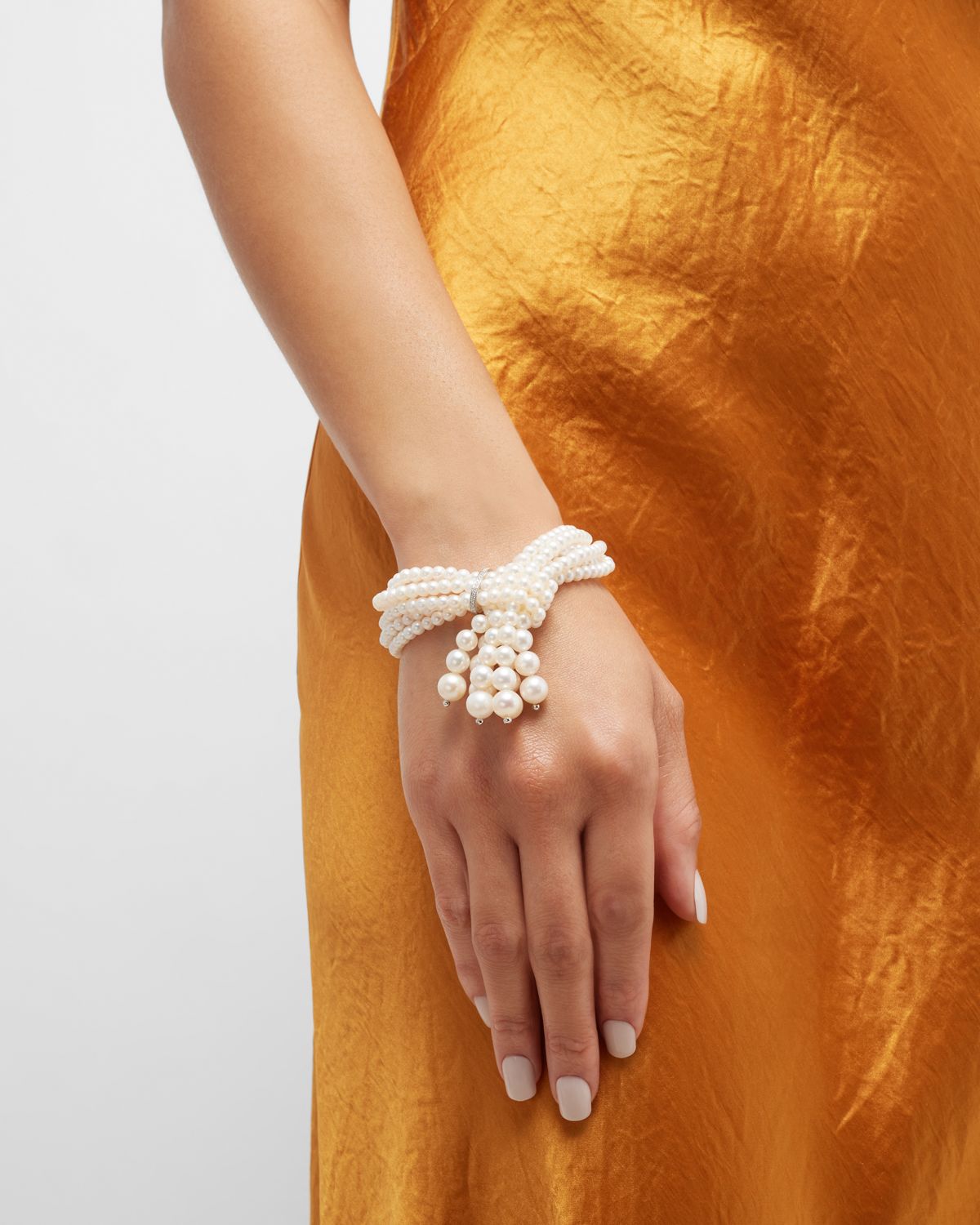 Utopia Six-Strand Pearl Tassel Bracelet with Diamonds
