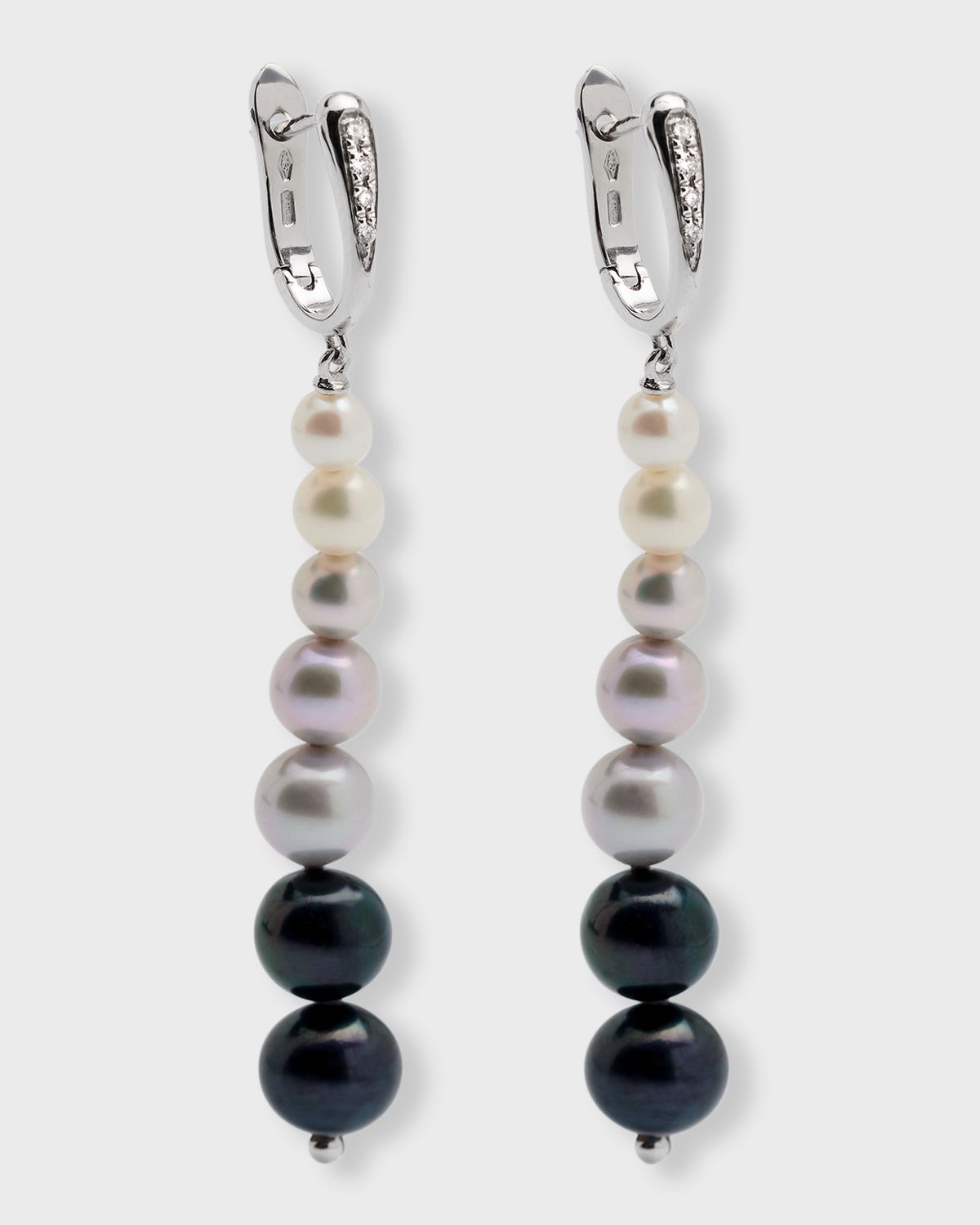 Utopia 18K White Gold Earrings with Diamonds and Graduating Pearls, 4-8mm