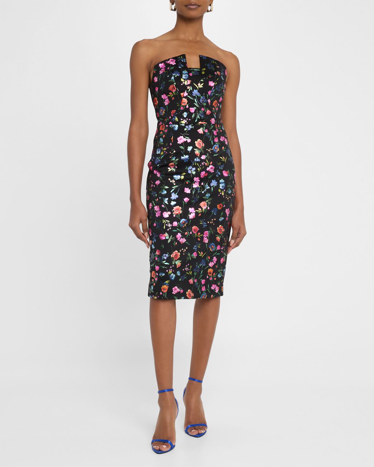 Black Halo Lena Strapless Floral-Print Midi Sheath Dress