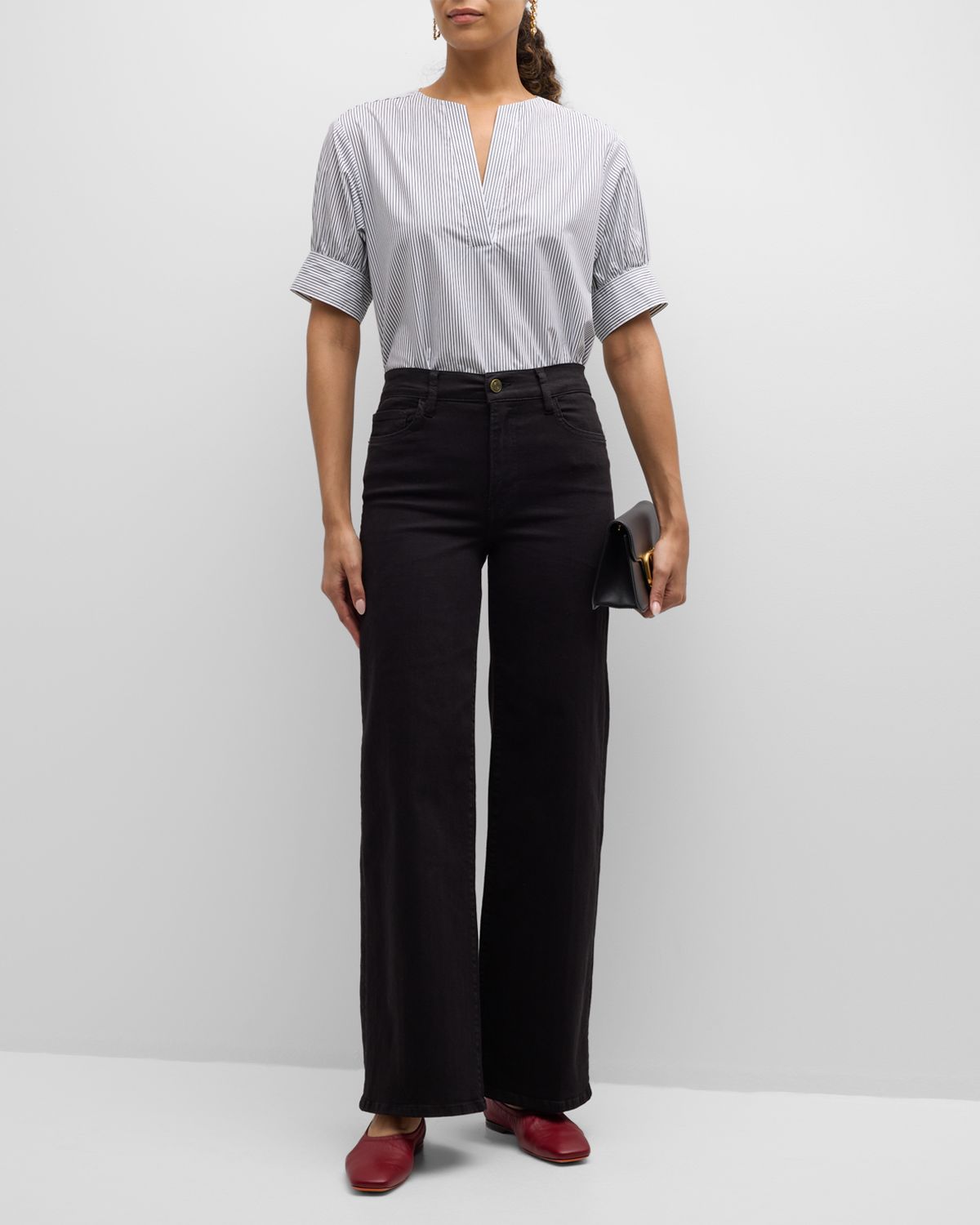 FRAME Striped V-Neck Popover Top