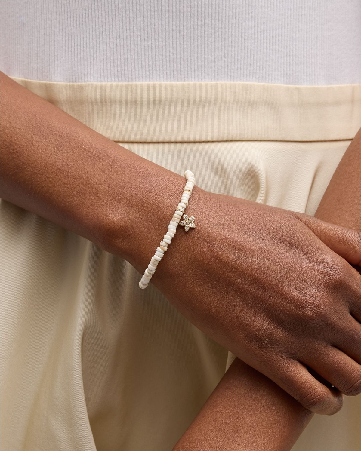 Sydney Evan Small Diamond Plumeria Charm and White Turquoise Heishi Bracelet