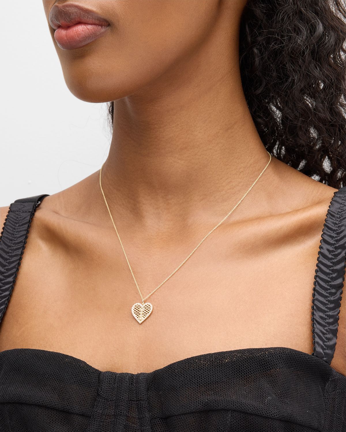 Sydney Evan Fishnet Heart Charm on Cable Chain Necklace