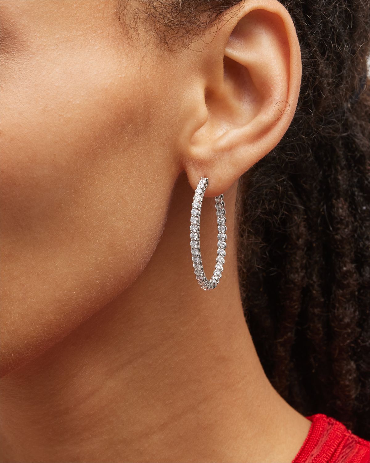 Neiman Marcus Diamonds 18K White Gold Round Diamond GH/SI Medium Oval Hoop Earrings, 3.36tcw, 1.25"L