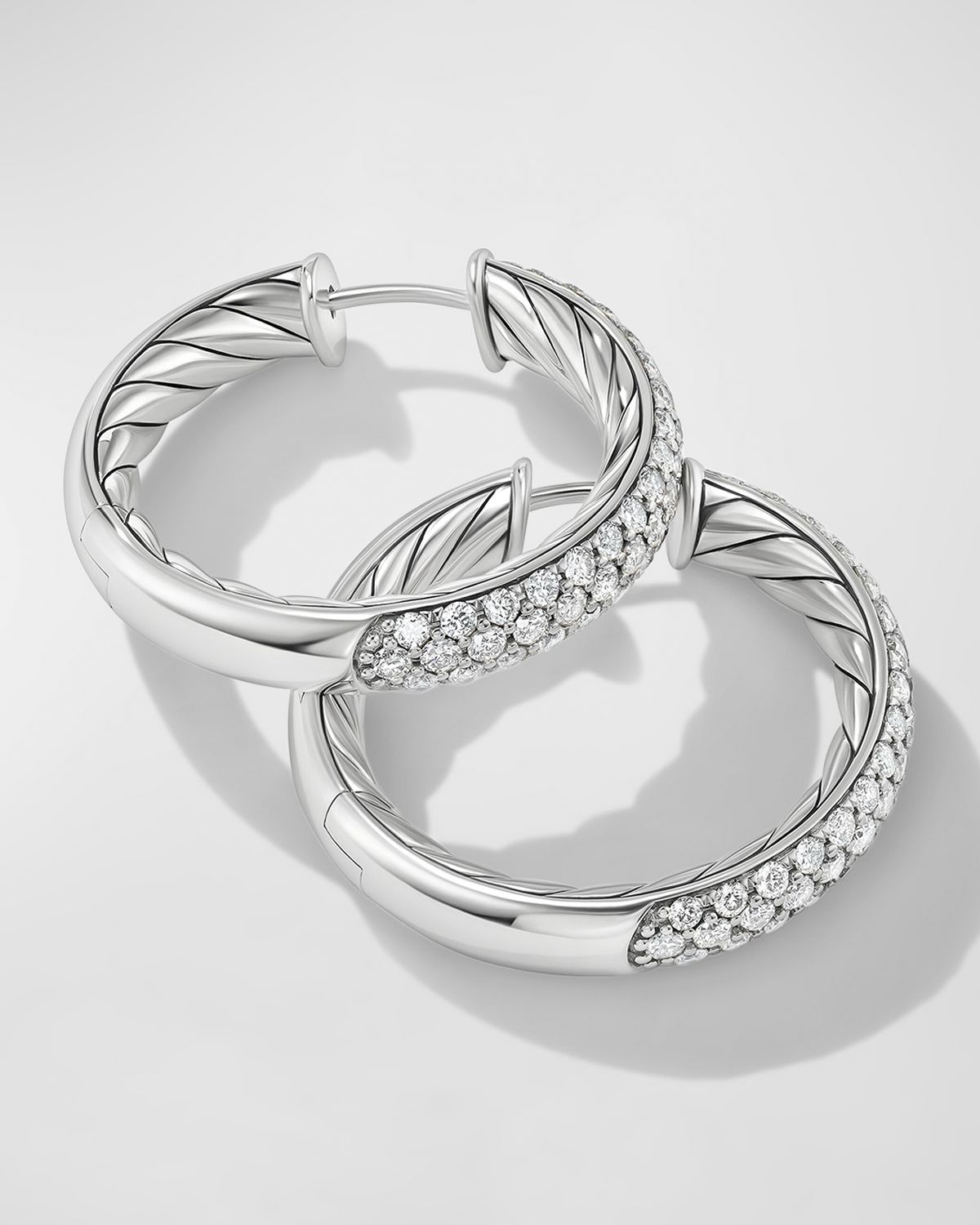 David Yurman Sculpted Cable Hoop Earrings with Diamonds in Silver, 5mm, 1"L