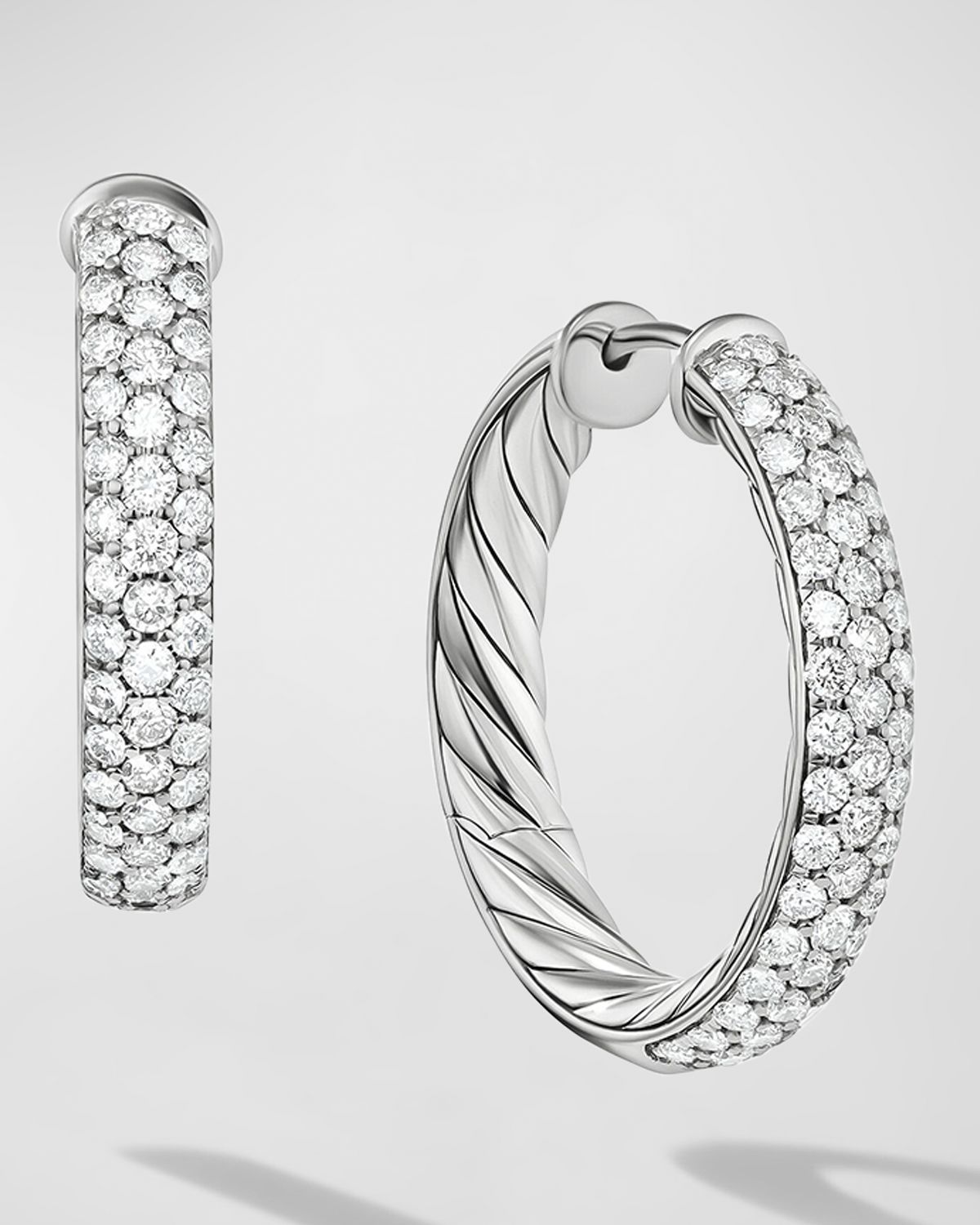 David Yurman Sculpted Cable Hoop Earrings with Diamonds in Silver, 5mm, 1"L