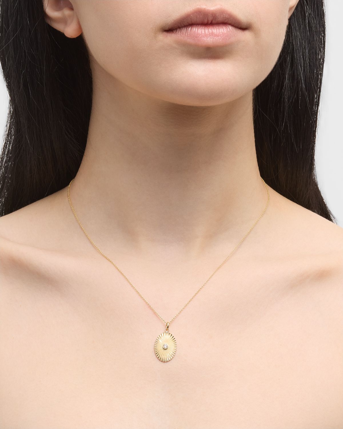 Zoe Lev Jewelry 14K Gold Pleated Oval with Diamond Necklace, 16-18"L