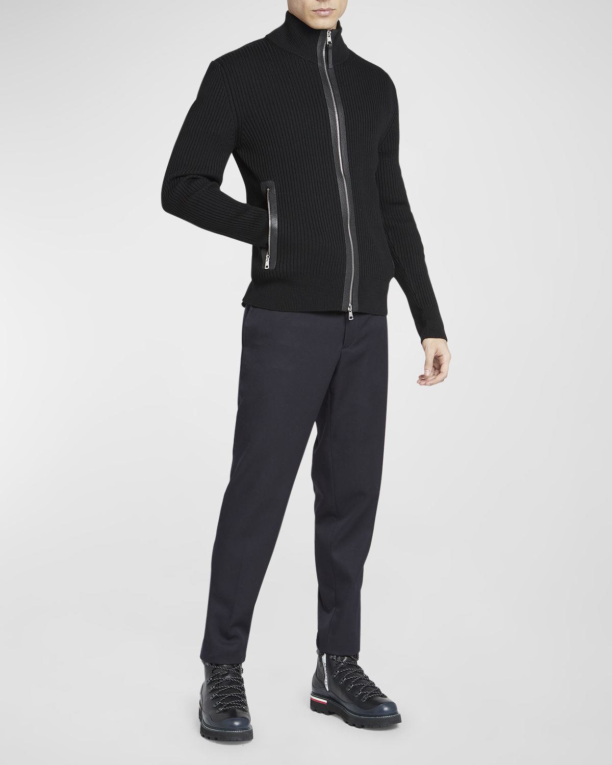 Moncler Men 's Ribbed Cardigan with Leather Trim