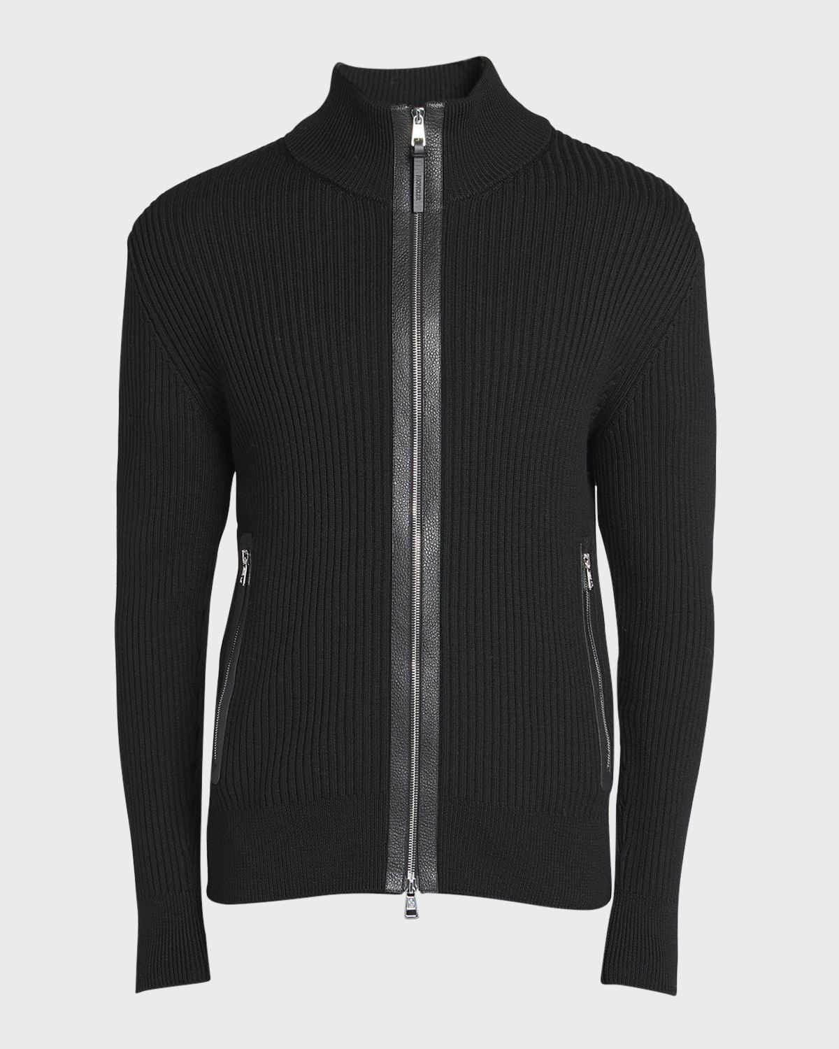 Moncler Men 's Ribbed Cardigan with Leather Trim