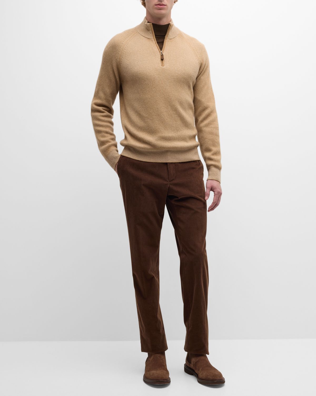 Neiman Marcus Men 's Ribbed Quarter Zip Cashmere Sweater