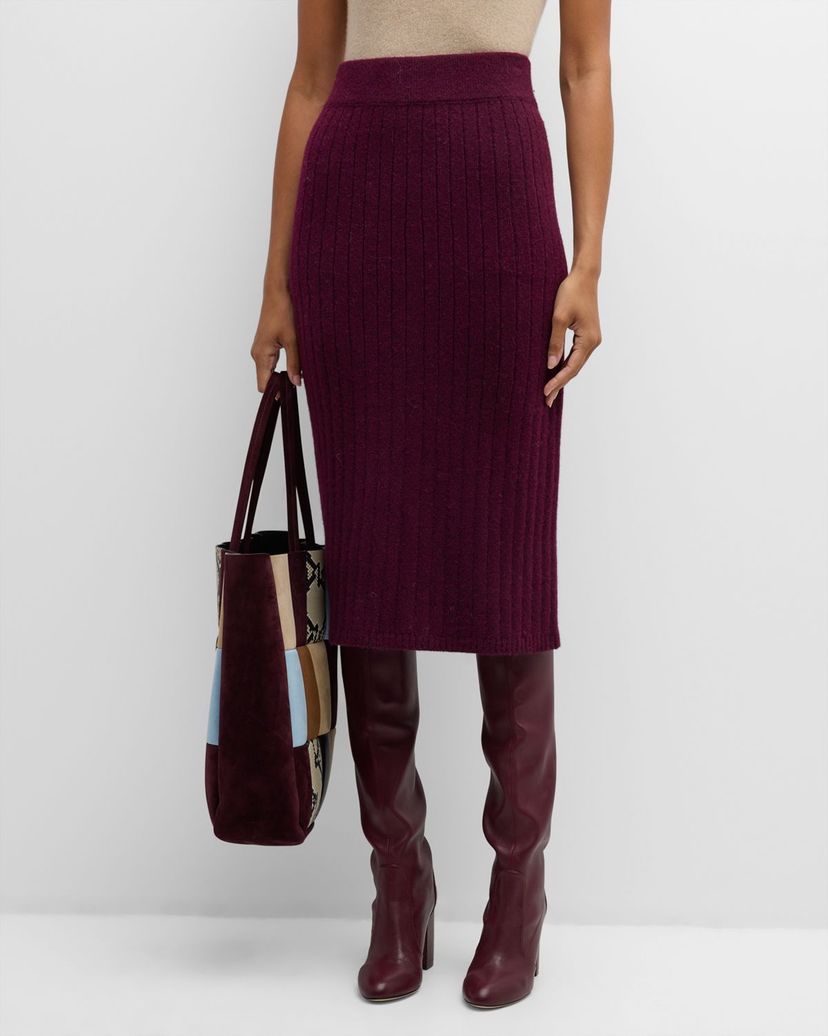 ELEVEN SIX Pia Ribbed Straight Midi Skirt