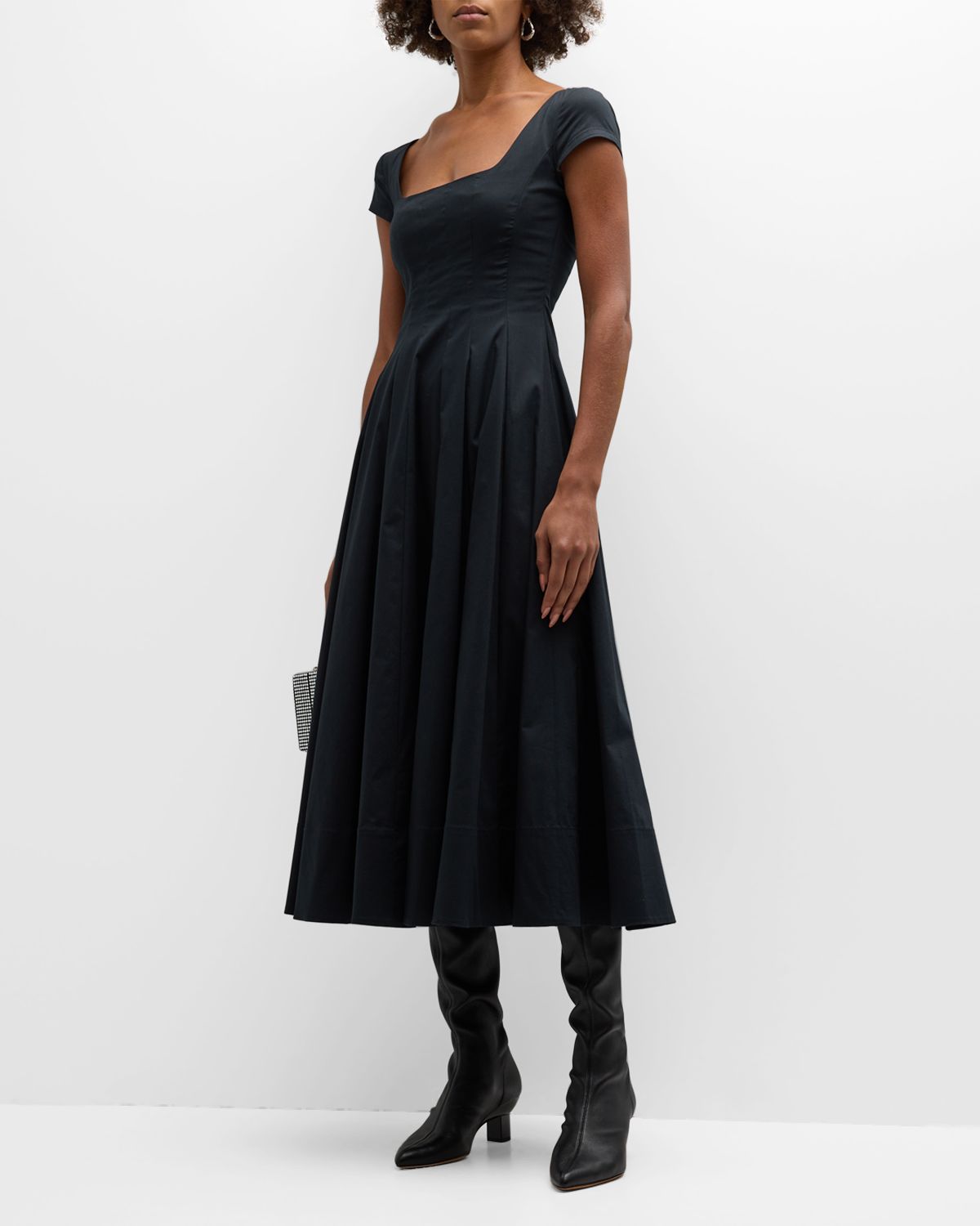 STAUD Wells Short-Sleeve Fit & Flare Poplin Midi Dress