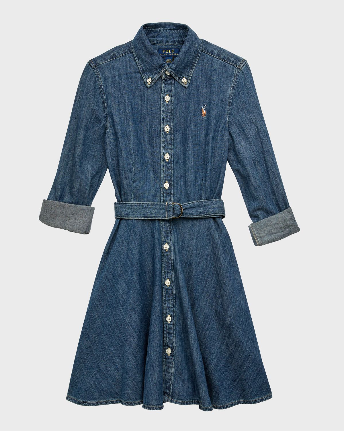 Polo Ralph Lauren Girl 's Denim Belted Shirt Dress, Size 7-14