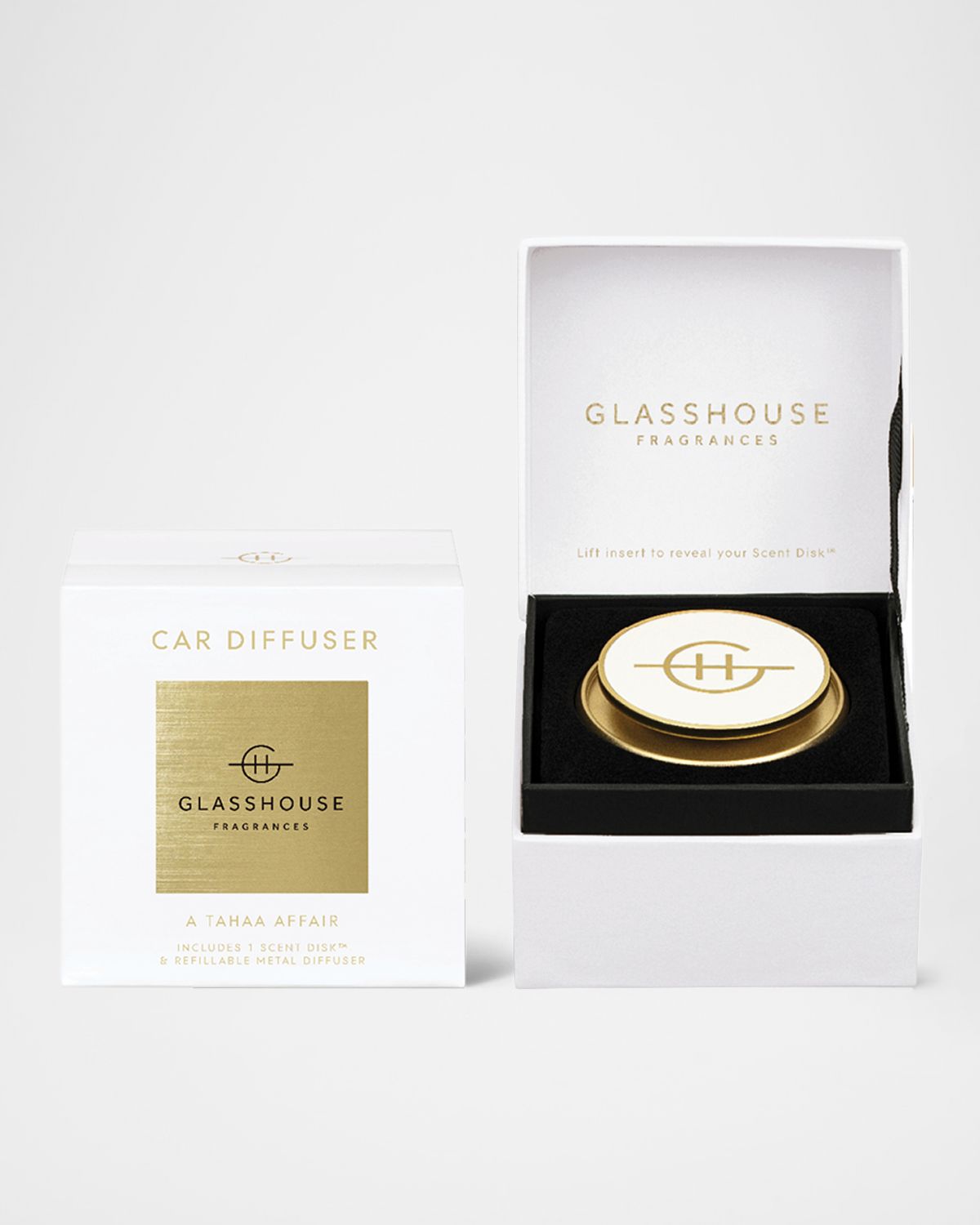GLASSHOUSE FRAGRANCES Golden Car Diffuser with A Tahaa Affair Replacement Scent Disk