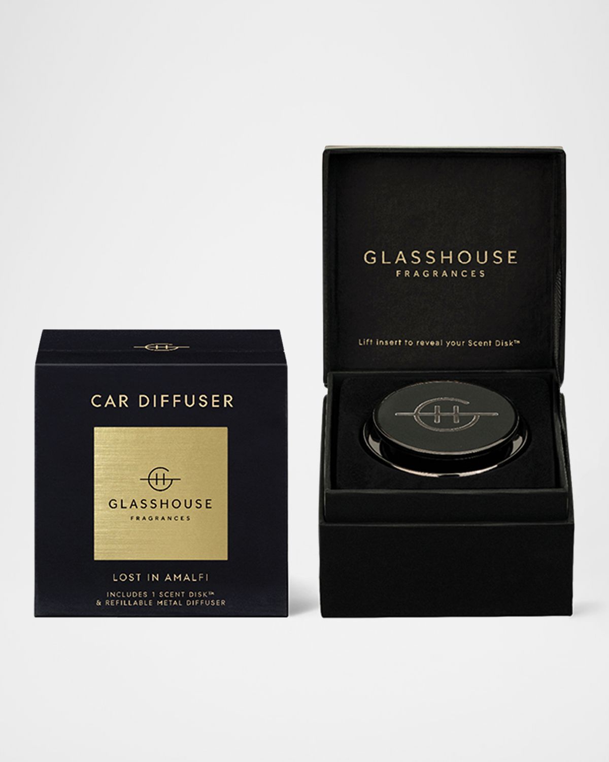 GLASSHOUSE FRAGRANCES Black Car Diffuser with Lost in Amalfi Replacement Scent Disk