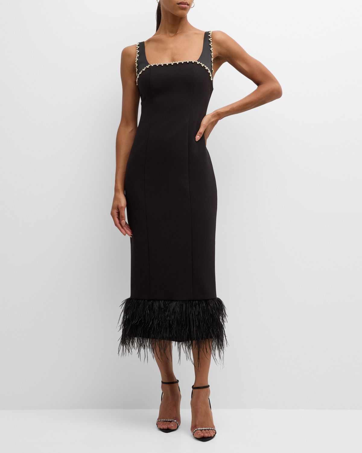 Likely Georgie Rhinestone-Trim Sleeveless Feather-Hem Midi Dress