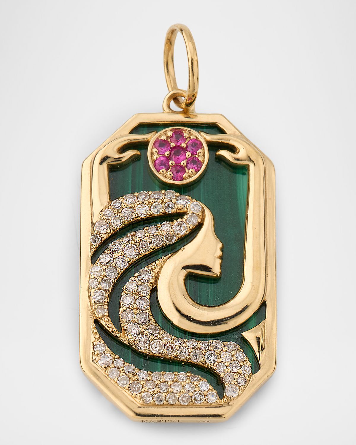Kastel Jewelry 14K Yellow Gold Moon Goddess Pendant with Malachite, Diamonds and Rubies