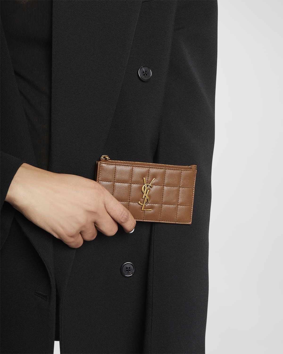 Saint Laurent Cassandre YSL Ziptop Card Case in Quilted Smooth Leather